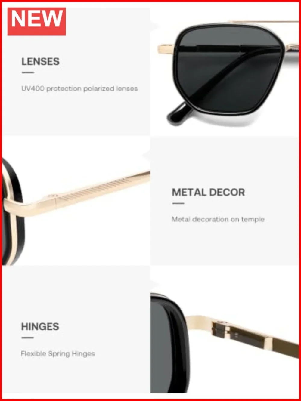 Retro Polarized Aviator Sunglasses Women Men Square Tangle Free Hair UV400